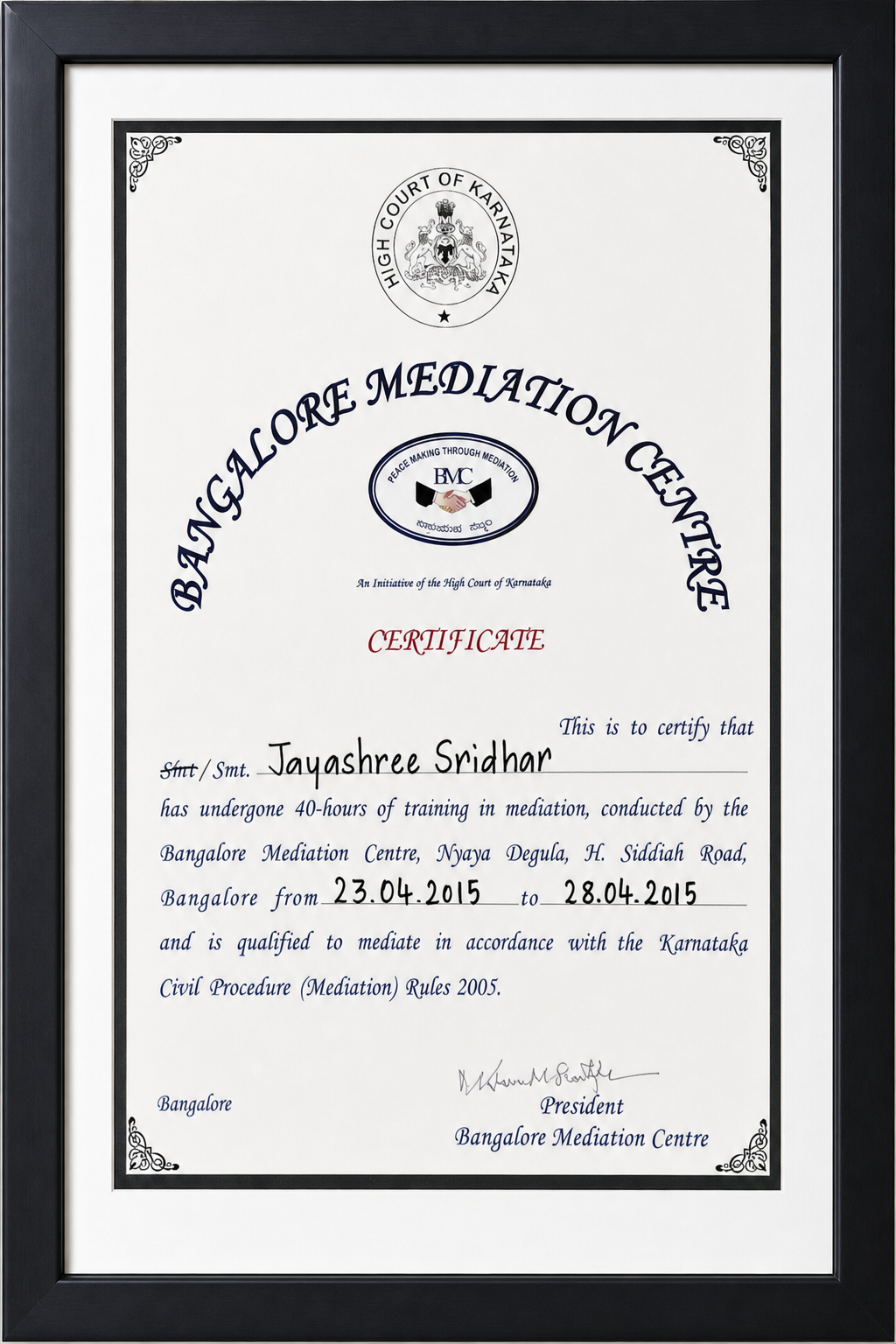 Bangalore Mediation Centre certificate