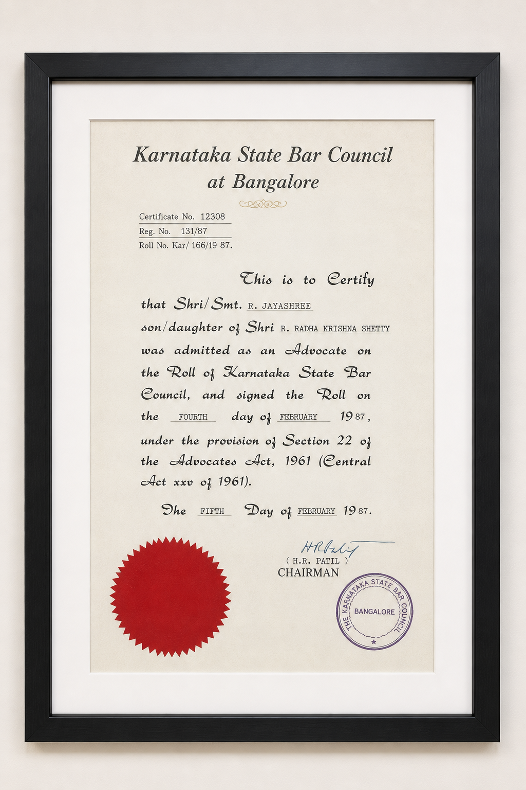 Karnataka State Bar Council enrollment certificate — Advocate R. Jayashree, February 1987